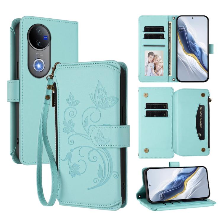 Light teal leather phone wallet case with embossed butterfly-flower motif and zipper closure.