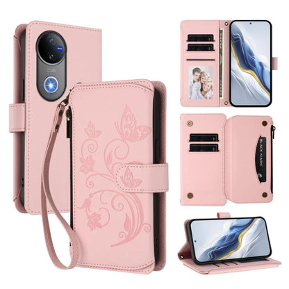 Pink leather phone wallet case with embossed butterfly-flower motif and zipper closure.