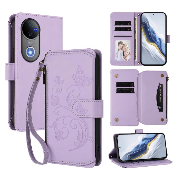 Light purple leather phone wallet case with embossed butterfly-flower motif and zipper closure.