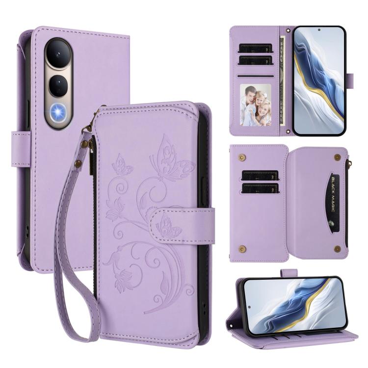 Light purple butterfly floral zipper wallet phone case with card slots and wrist strap.