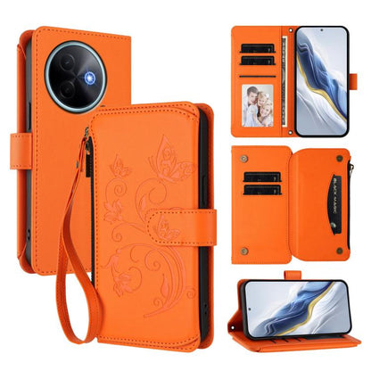 Orange butterfly floral zipper wallet phone case with card slots and wrist strap.