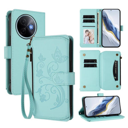 Mint green butterfly floral zipper wallet phone case with card slots and wrist strap.