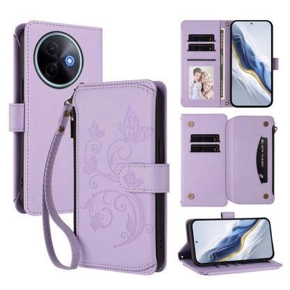 Light purple butterfly floral zipper wallet phone case with card slots and wrist strap.