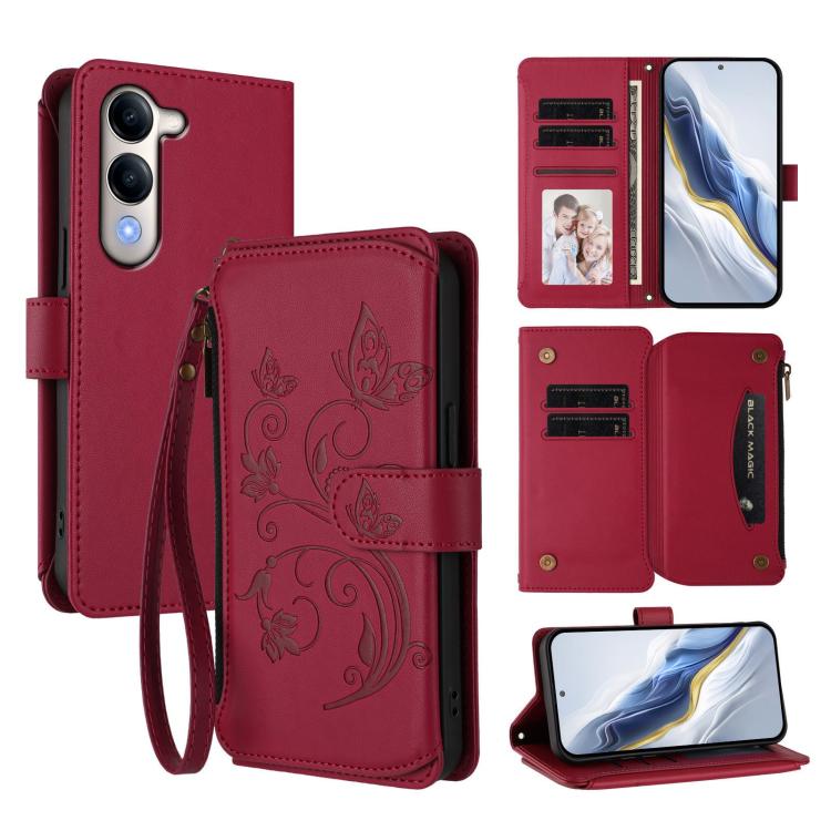 Wine red leather phone wallet with butterfly flower embossing, card slots, flip cover, wrist strap.