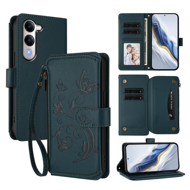 Dark green leather zip-around phone wallet with butterfly flower embossing, card slots, wrist strap.