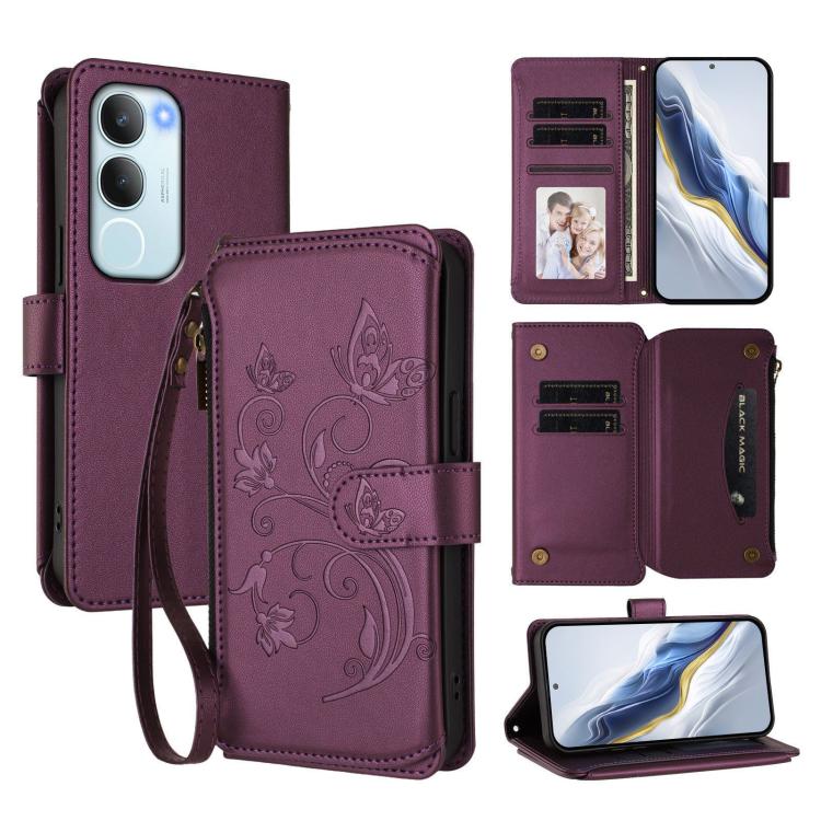Dark purple leather zip phone wallet with butterfly flower embossed design, card slots, wrist strap.