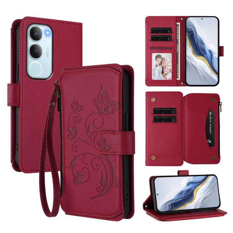 Wine red leather zip-around phone wallet with butterfly flower embossed design, card slots, wrist strap.