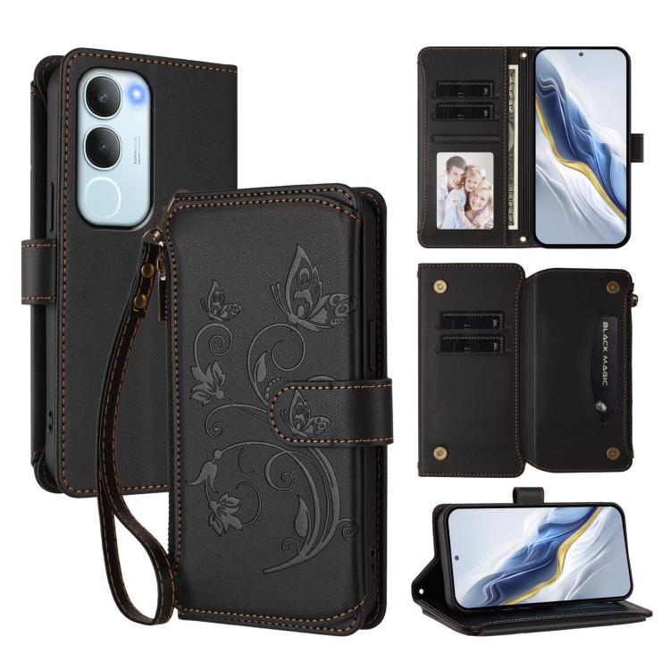 Black leather zipper wallet phone case with embossed butterfly floral design and wrist strap