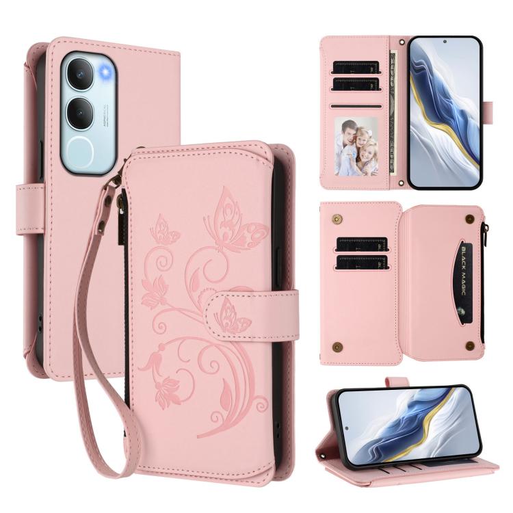 Pink leather zipper wallet phone case with embossed butterfly floral design and wrist strap