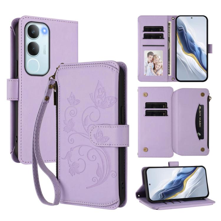 Light purple leather zipper wallet phone case with embossed butterfly floral pattern and wrist strap