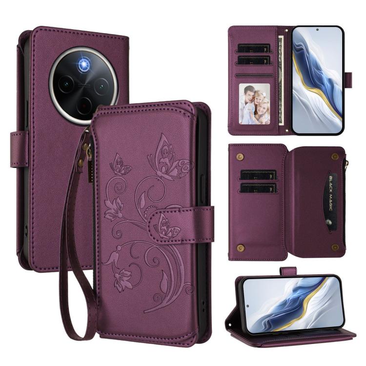 Dark purple floral butterfly wallet phone case with zipper, wrist strap, card slots