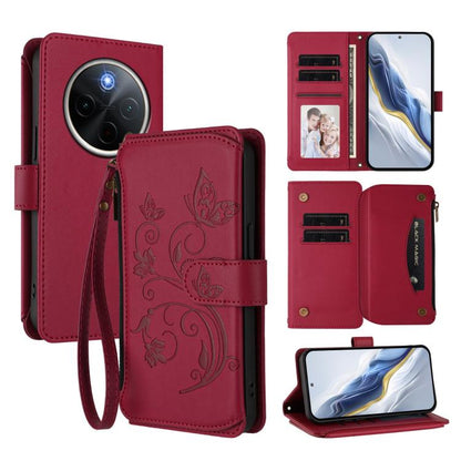 Wine red floral butterfly wallet phone case with zipper, wrist strap, card slots