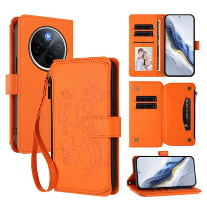 Orange floral butterfly wallet phone case with zipper, wrist strap, card slots