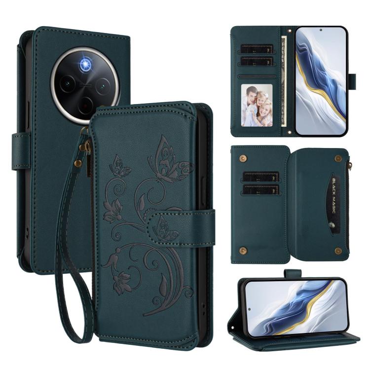 Dark green floral butterfly wallet phone case with zipper, wrist strap, card slots