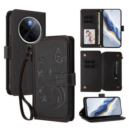 Black floral butterfly wallet phone case with zipper, wrist strap, card slots