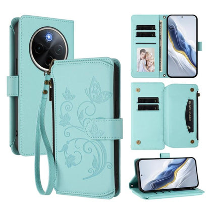 Mint green floral butterfly wallet phone case with zipper, wrist strap, card slots