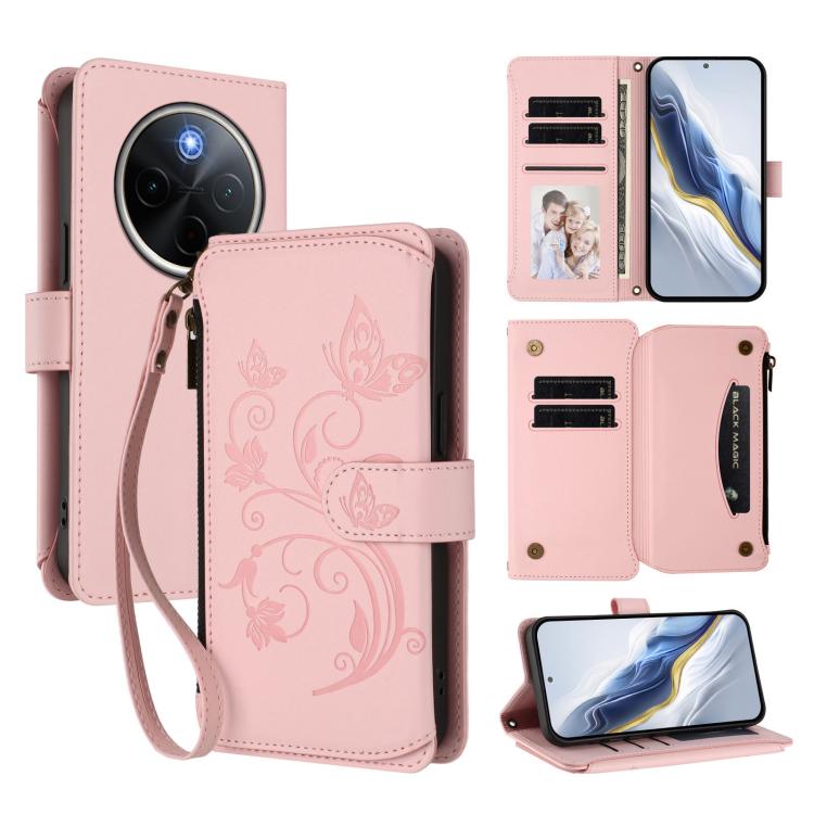 Pink floral butterfly wallet phone case with zipper, wrist strap, card slots