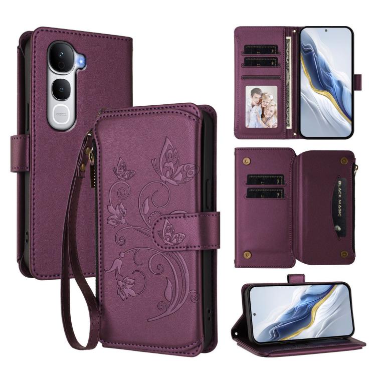 Dark purple leather phone wallet case with butterfly floral emboss and zipper closure