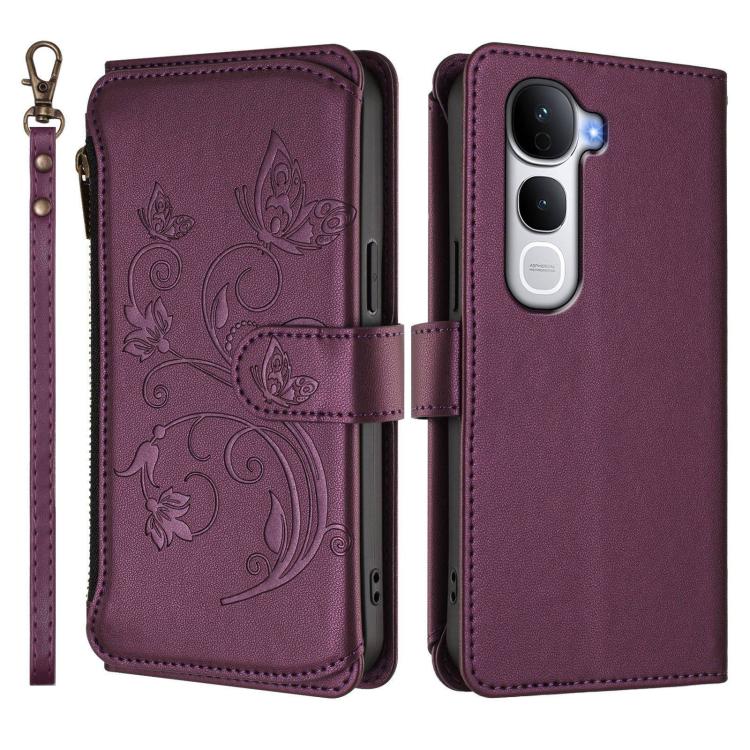Dark purple leather phone wallet case with butterfly floral emboss, two-piece folio design