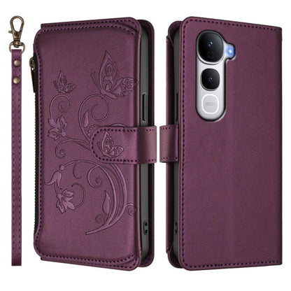 Dark purple leather phone wallet case with butterfly floral emboss, two-piece folio design