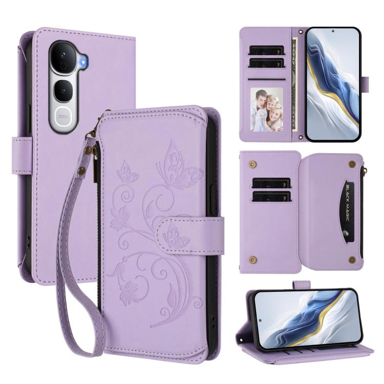 Light purple leather wallet phone case with embossed butterfly-flower design, card slots, zipper.