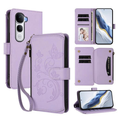 Light purple leather wallet phone case with embossed butterfly-flower design, card slots, zipper.