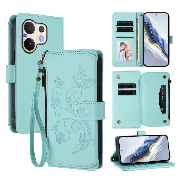 Mint green leather phone wallet case with zipper, wrist strap, and floral butterfly emboss