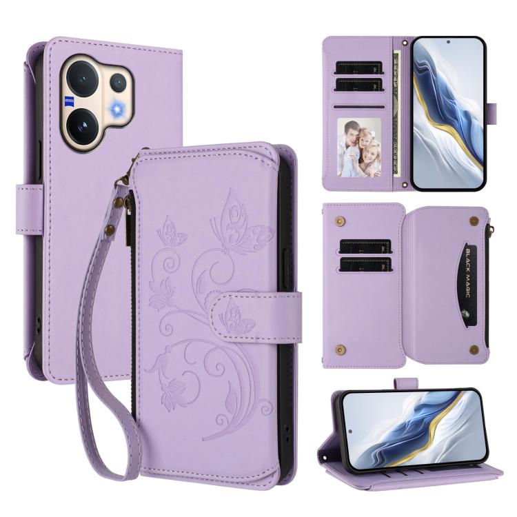Light purple leather phone wallet case with zipper, wrist strap, and floral butterfly emboss