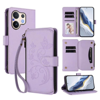 Light purple leather phone wallet case with zipper, wrist strap, and floral butterfly emboss