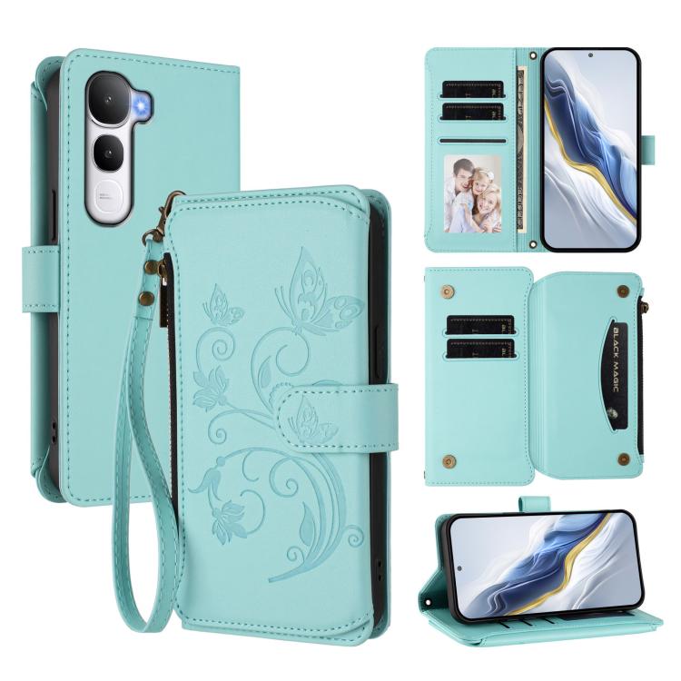 Mint blue floral zipper wallet phone case showing card slots, with wrist strap