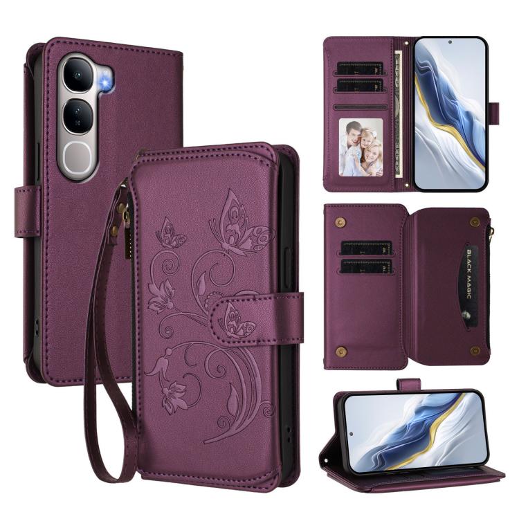 Purple zipper wallet phone case with floral embossed pattern, card slots, wrist strap.