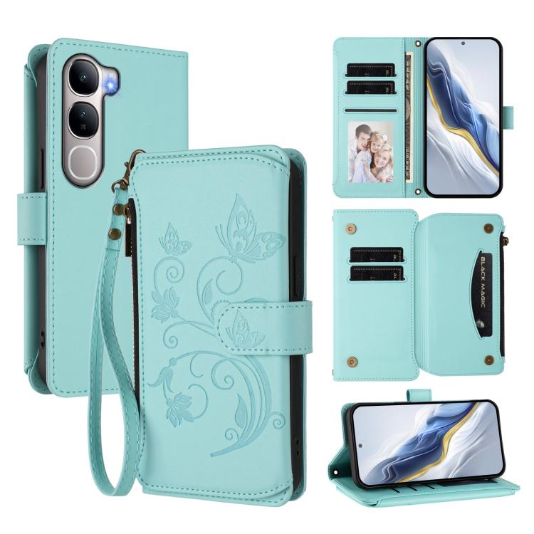 Leather multi-card phone wallet case, butterfly floral emboss, mint green, wrist strap
