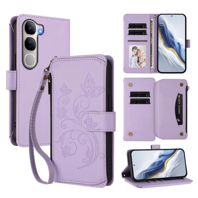 Leather multi-card phone wallet case, butterfly floral emboss, light purple, wrist strap