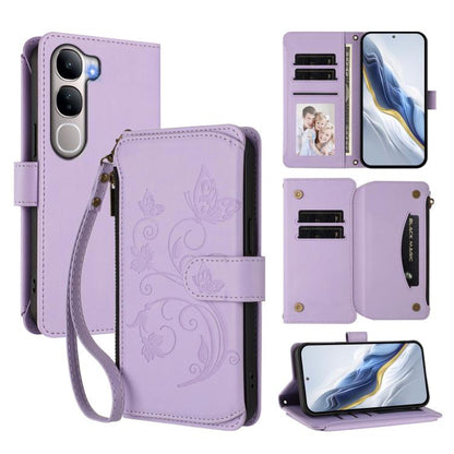 Leather multi-card phone wallet case, butterfly floral emboss, light purple, wrist strap