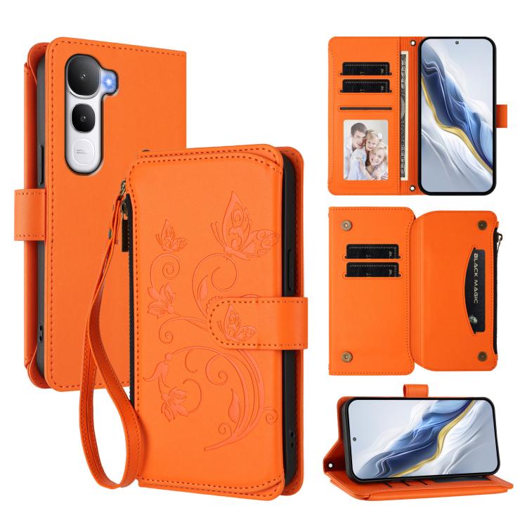 Leather zipper wallet phone case in orange with embossed floral butterfly design