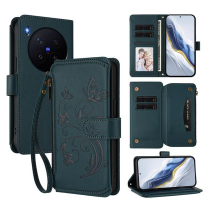 Dark green zipper wallet phone case with floral embossed pattern, card slots, wrist strap.