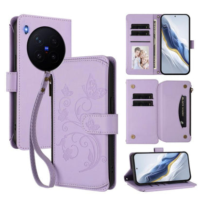 Lavender leather zipper wallet phone case showing card slots and butterfly floral embossing