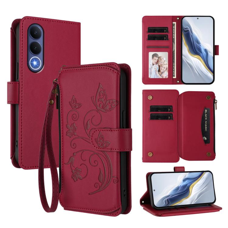 Leather multi-card zipper wallet phone case, wine red with floral butterfly emboss, wrist strap