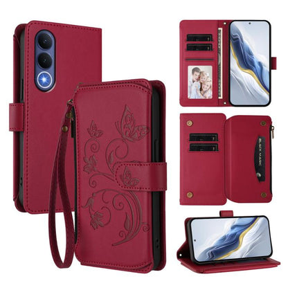 Leather multi-card zipper wallet phone case, wine red with floral butterfly emboss, wrist strap