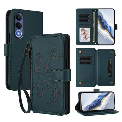 Leather multi-card zipper wallet phone case, dark teal with floral butterfly emboss, wrist strap