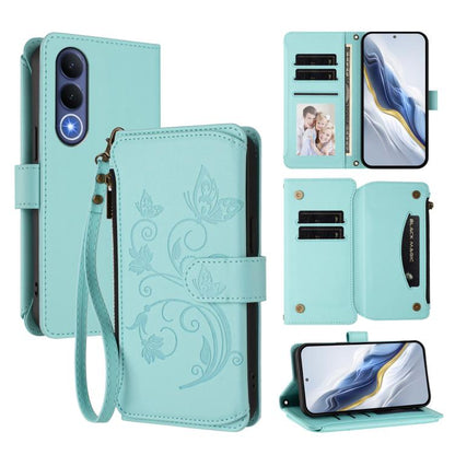 Leather multi-card zipper wallet phone case, mint blue with floral butterfly emboss and wrist strap