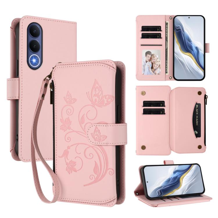 Leather multi-card zipper wallet phone case, blush pink with floral butterfly emboss and wrist strap