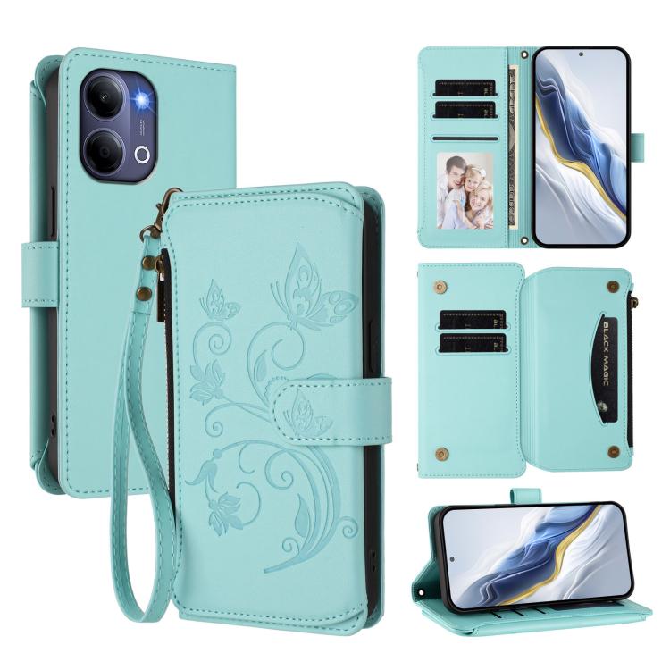 Leather multi-card zipper wallet phone case, mint blue with floral butterfly emboss, wrist strap
