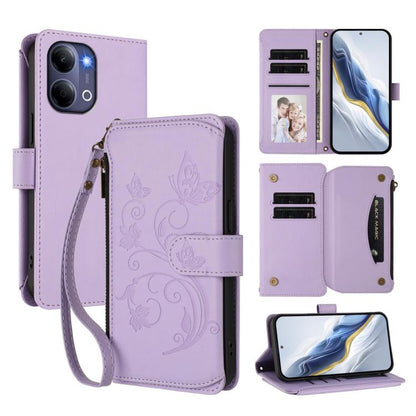 Leather multi-card zipper wallet phone case, light purple with floral butterfly emboss, wrist strap