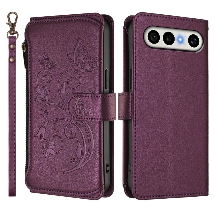 Purple leather wallet phone case with butterfly floral embossing and side card compartment