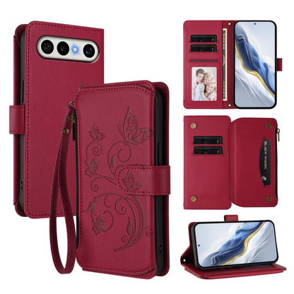 Wine red leather wallet phone case with butterfly floral embossing, zipper pocket, and card slots