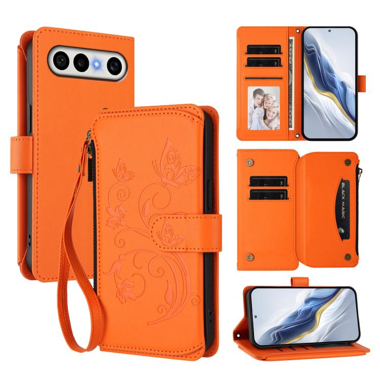 Orange leather wallet phone case with butterfly floral embossing, zipper pocket, and card slots