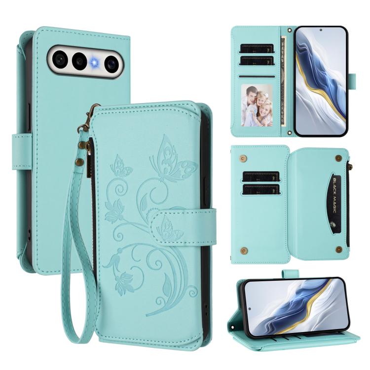 Light mint leather zipper wallet phone case with butterfly-flower embossing, wrist strap, card slots