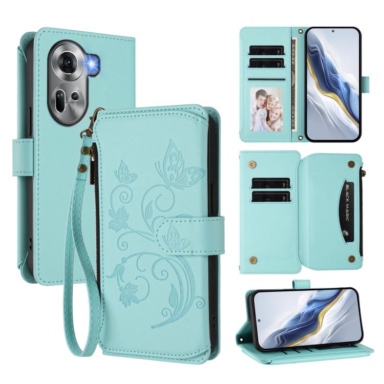 Butterfly Love Flower Multi-card Zipper Wallet Leather Phone Case, For OPPO Reno11 5G Global, For OPPO Reno11 Pro 5G Global, For OPPO Find X7 Ultra, For OPPO A18 4G Global / A38 4G, For OPPO Reno9 A, For OPPO A58 4G Global                              ...