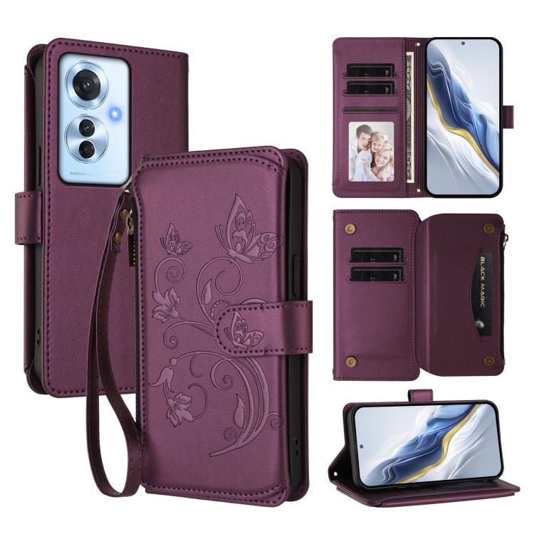 Butterfly Love Flower Multi-card Zipper Wallet Leather Phone Case, For OPPO Reno13 F 5G Global / 4G India, For OPPO A3x / A3 / A60 5G Global, For OPPO Find X8 5G, For OPPO A80 5G EU / K12x 5G Global, For OPPO Reno12 F 5G / 4G                           ...